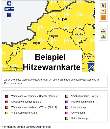 Amtliche Hitzewarnkarte des Deutschen Wetterdienstes (DWD). Die aktuelle Hitzewarnkarte öffnet sich mit klick auf das Bild.