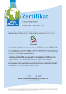 ok-Power Ökostrom Zertifikat für die Gemeinde Südlohn