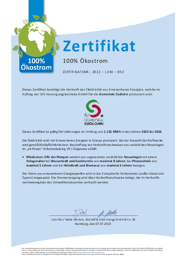 ok-Power Ökostrom Zertifikat für die Gemeinde Südlohn