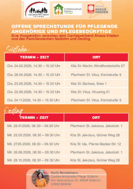 Flyer Offene Sprechstunde der Caritas für pflegende Angehörige und Pflegebedürftige