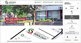 Bildschirmfoto von der Internetseite www.suedlohn.de mit der Hilfe zur Barrierefreiheit.